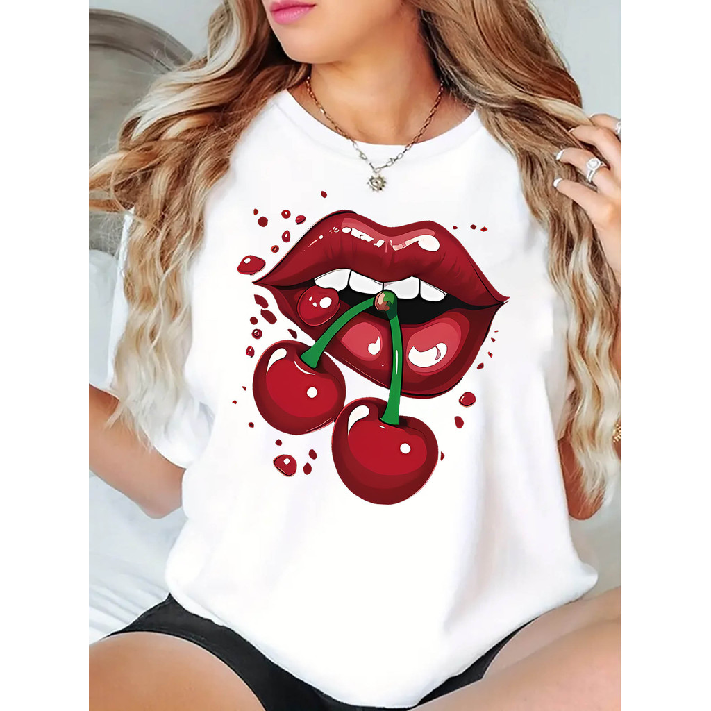 Camiseta Feminina Estampa Geométrica Cerejas Lábios Tendência Verão Confortável Linda Estilosa Moda Casual