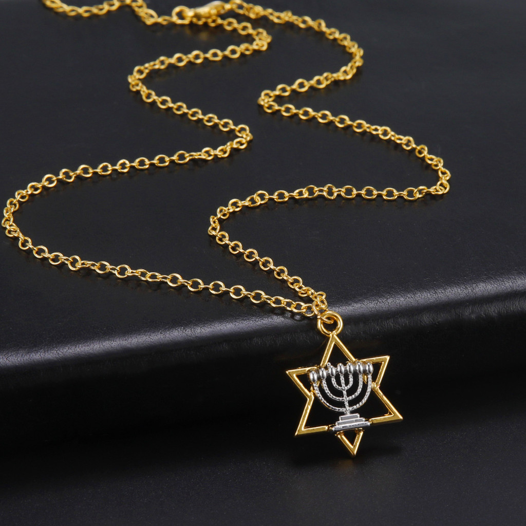 Colar Estrela de Davi e Menorá, Colar Pingente Religioso Judaico em Aço Titanic Banhado a Ouro, Joias Delicadas para Mul