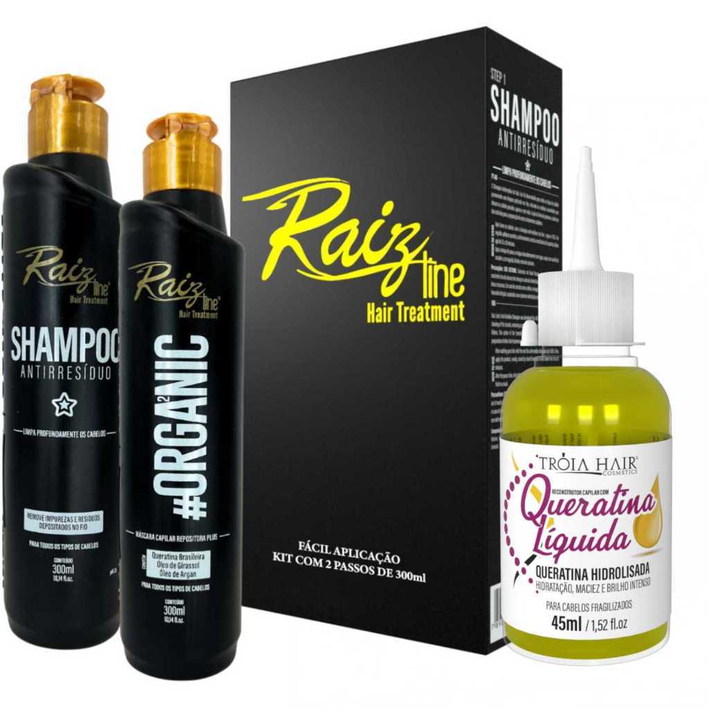Kit Banho de Queratina Raiz Line 300ml – Progressiva Orgânica + Queratina Brasileira Líquida 45ml