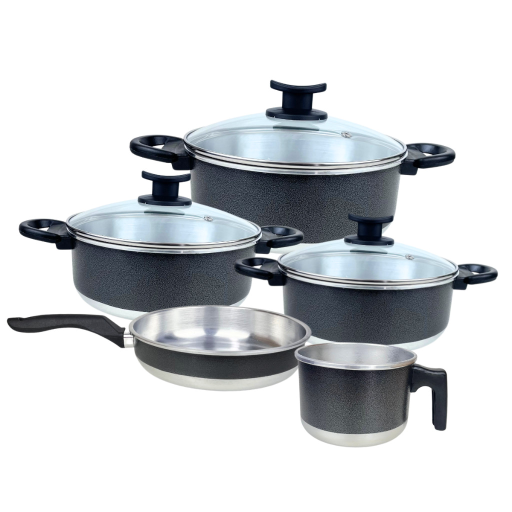Conjunto de Panelas 5 Peças Preto com Tampa de Vidro Coleção Black – Panelas 16/18/20 + Frigideira N°20 + Caneco N°12
