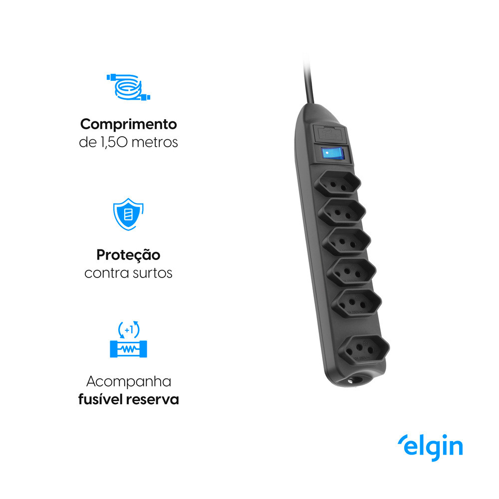 Protetor de Linha - 6 Tomadas 2P +T Fusível Chave Liga/Desliga 1,5M · foto 2
