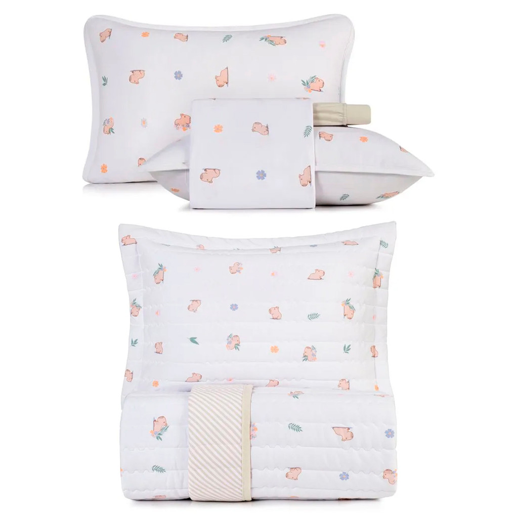 Kit Colcha e Lençol Solteiro Infantil Mundo Kids Malha Fio Penteado Altenburg Cama 100% Algodão 4 Peças