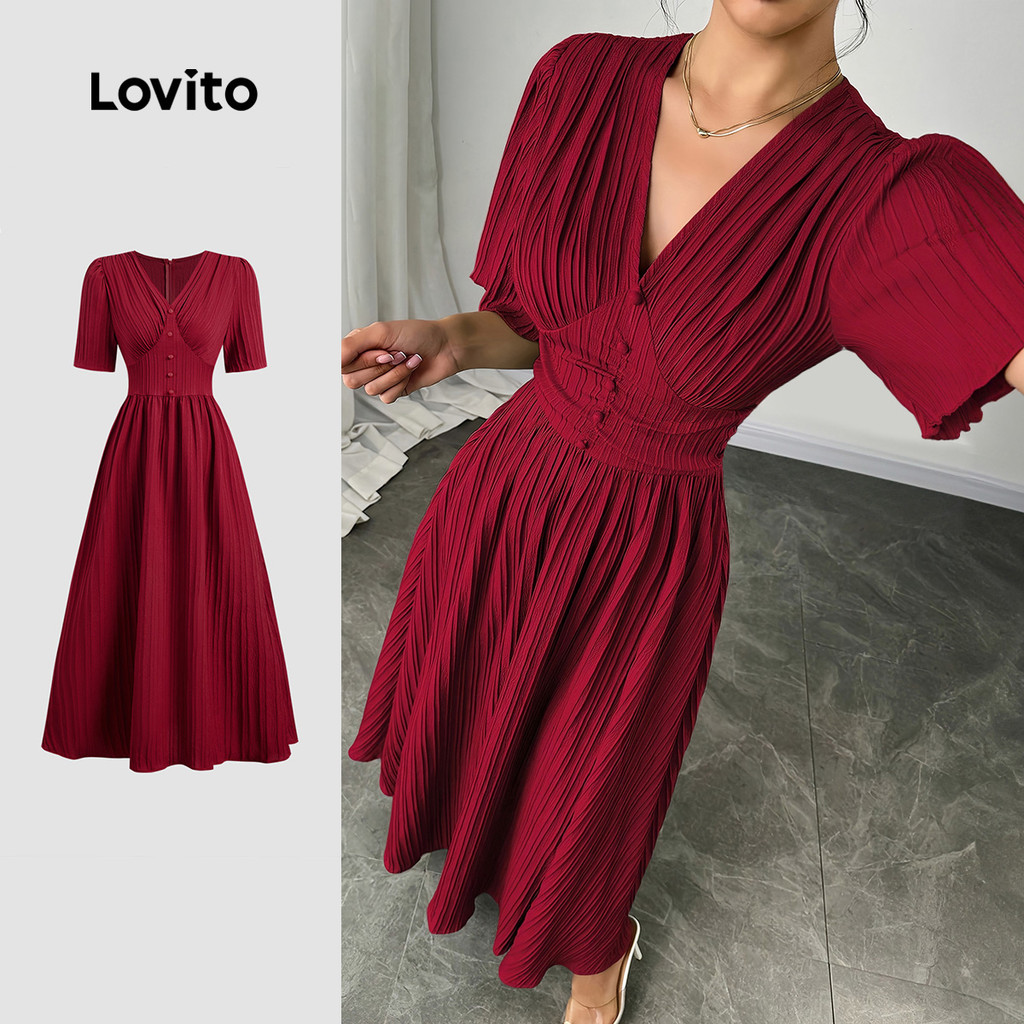 Lovito Vestido Elegante Para O Dia Dos Namorados E Ano Novo Com Drapeados Cor Vinho Para Mulheres LBL30048