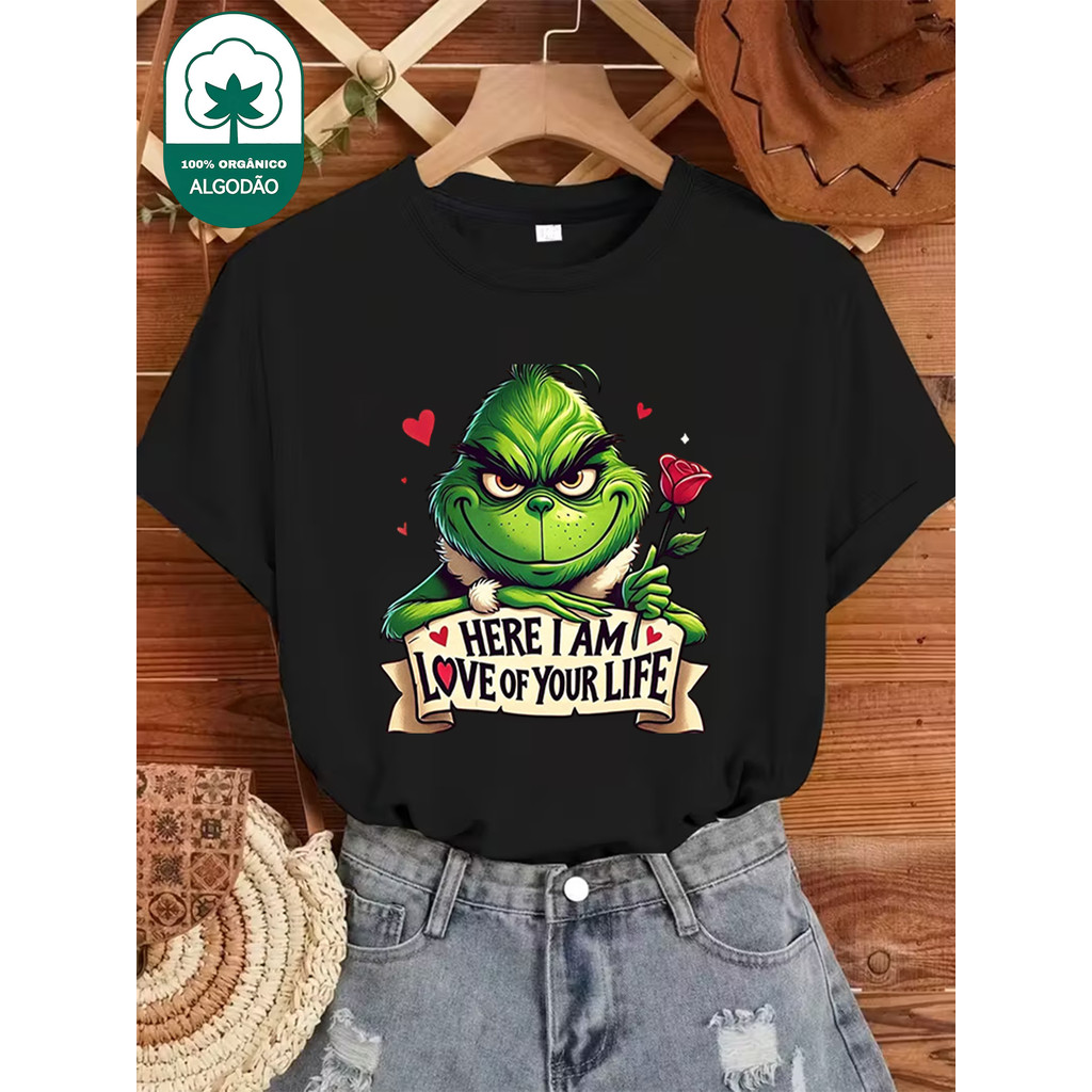 Camiseta Feminina Natal Amor Rosa Preto Branco Estampa Algodão Confortavel Elegante Versátil Festivo