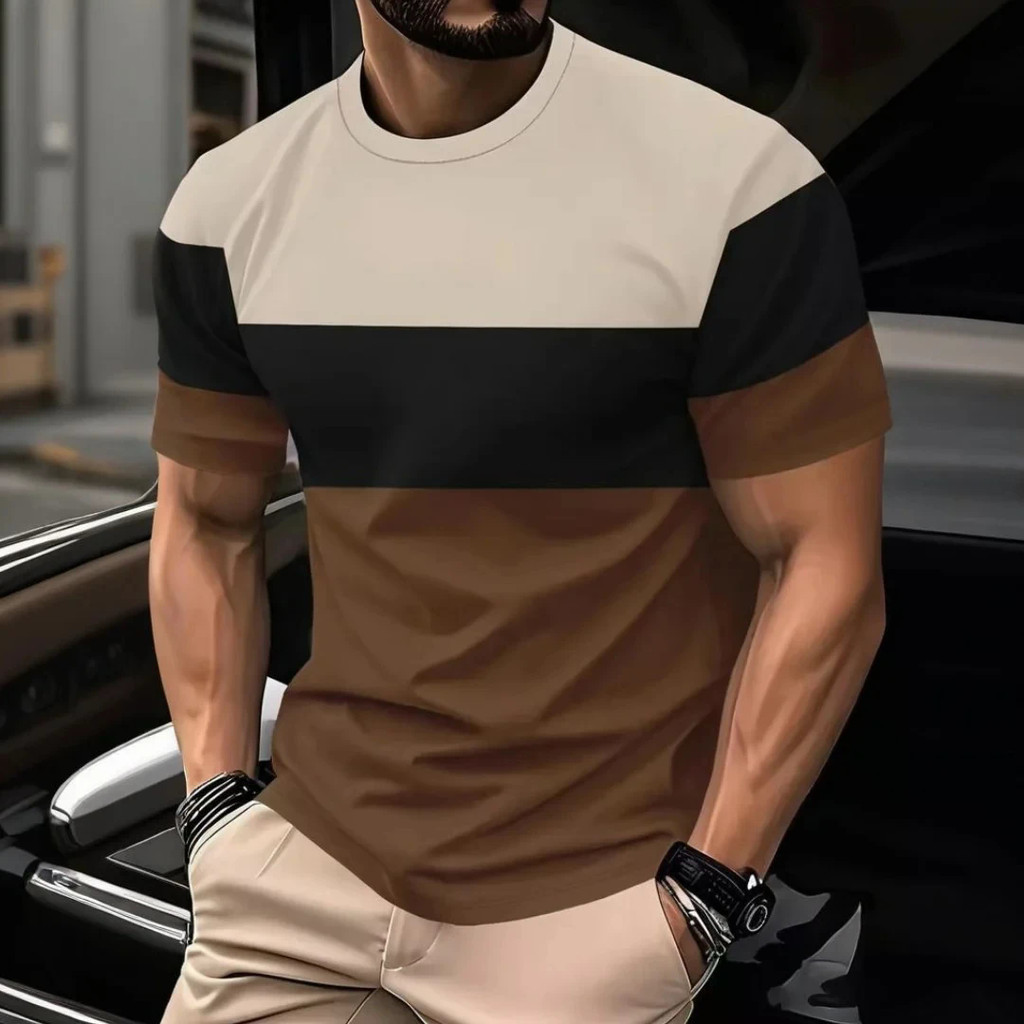 Moda Masculina Camiseta Verão Ao Ar Livre Casual Em Torno Do Pescoço Manga Curta Topo Listrado Impressão Vários Estilos