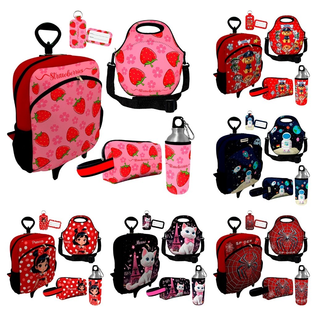 Kit Escolar Mochila Rodinhas Infantil Feminina e Masculina Lancheira Estojo Squeeze Térmico-Resistente Várias Estampas