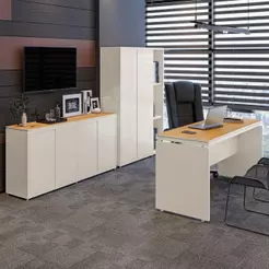 Conjunto De Escritório Office 3 Peças Mesa Balcão Armário Tu - Off White E Cedro Off White E Cedro