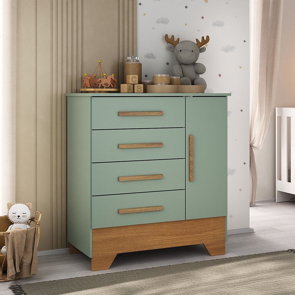 Cômoda Infantil 1 Porta e 4 Gavetas Tic Tac Verde Fosco/Nature em Oferta na Shopee