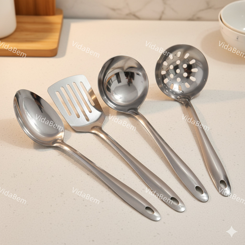 Kit Utensílios de Cozinha em Aço Inoxidável 4 Peças - Concha, Espátula, Colher e Escumadeira