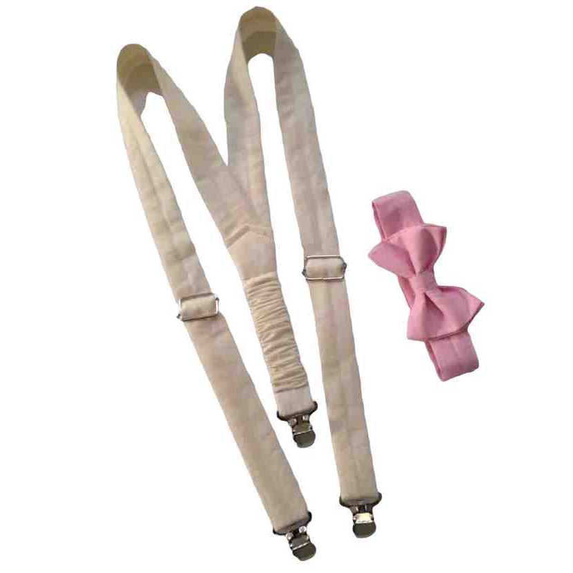 Suspensório Bege e Gravata Borboleta Rosa Claro