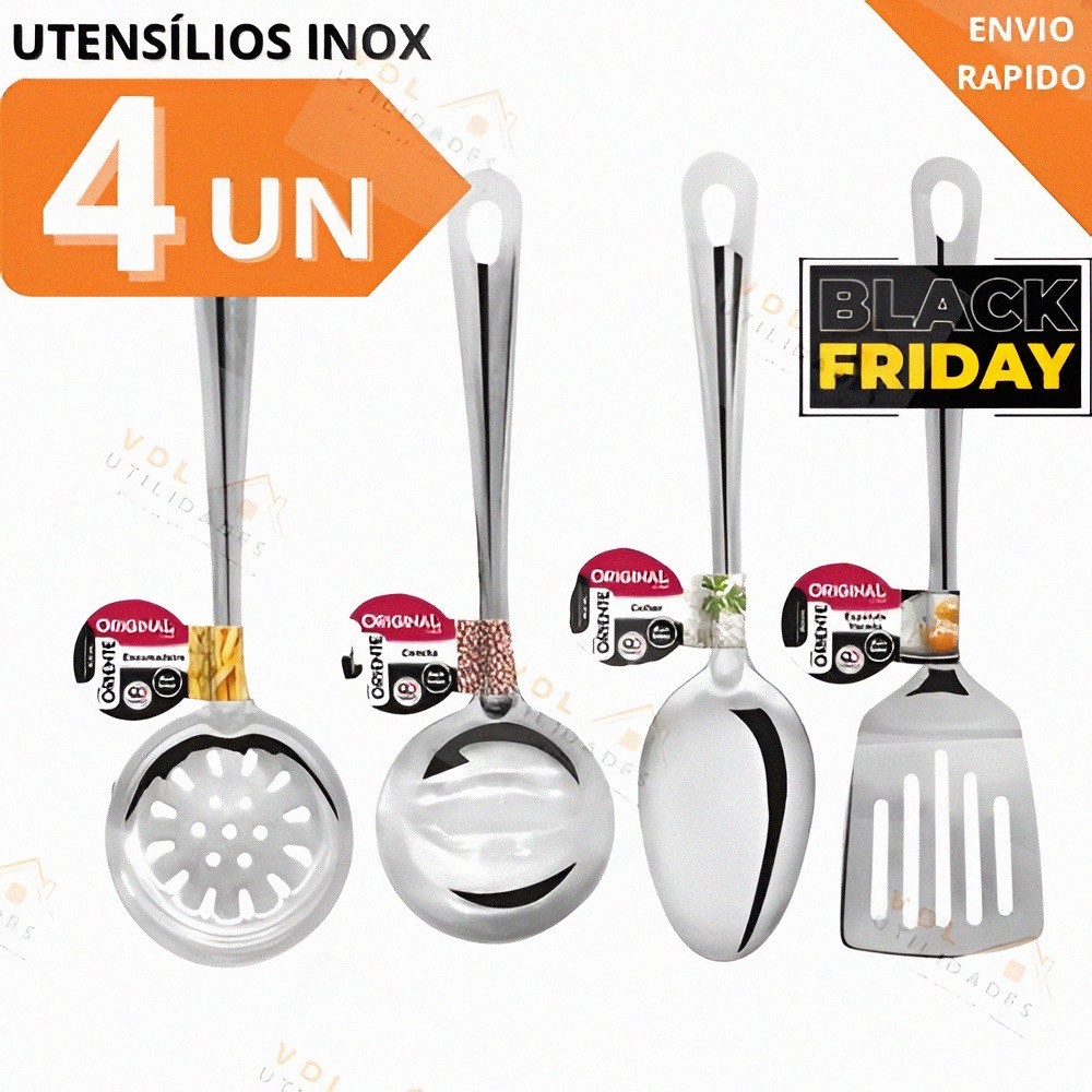 Utilidades Cozinha INOX Kit 4 Pçs Colher Arroz Concha Escumadeira Espátula Louça Servir Restaurante