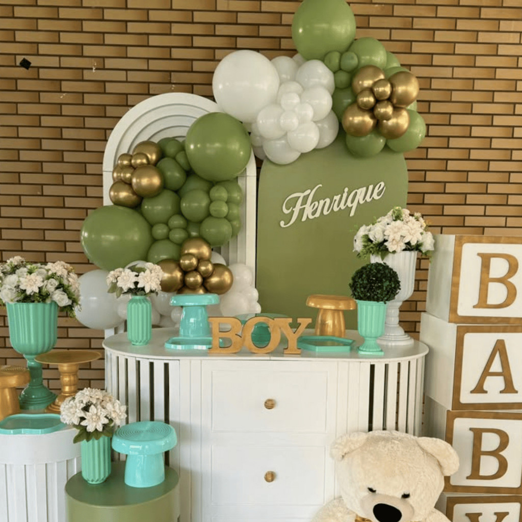Kit 75 Bexigas 10' - Dourados e Verde Escuro Decoração Chá de Bebê Revelação Chá Cozinha Aniversário