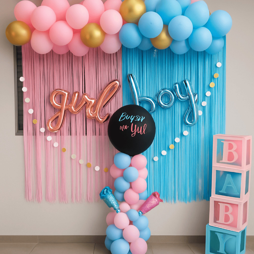 Kit Chá Revelação Completo Decoração 50 Bexigas Metalizada + Cortina Metalizada Rosa Azul Festa Bebê