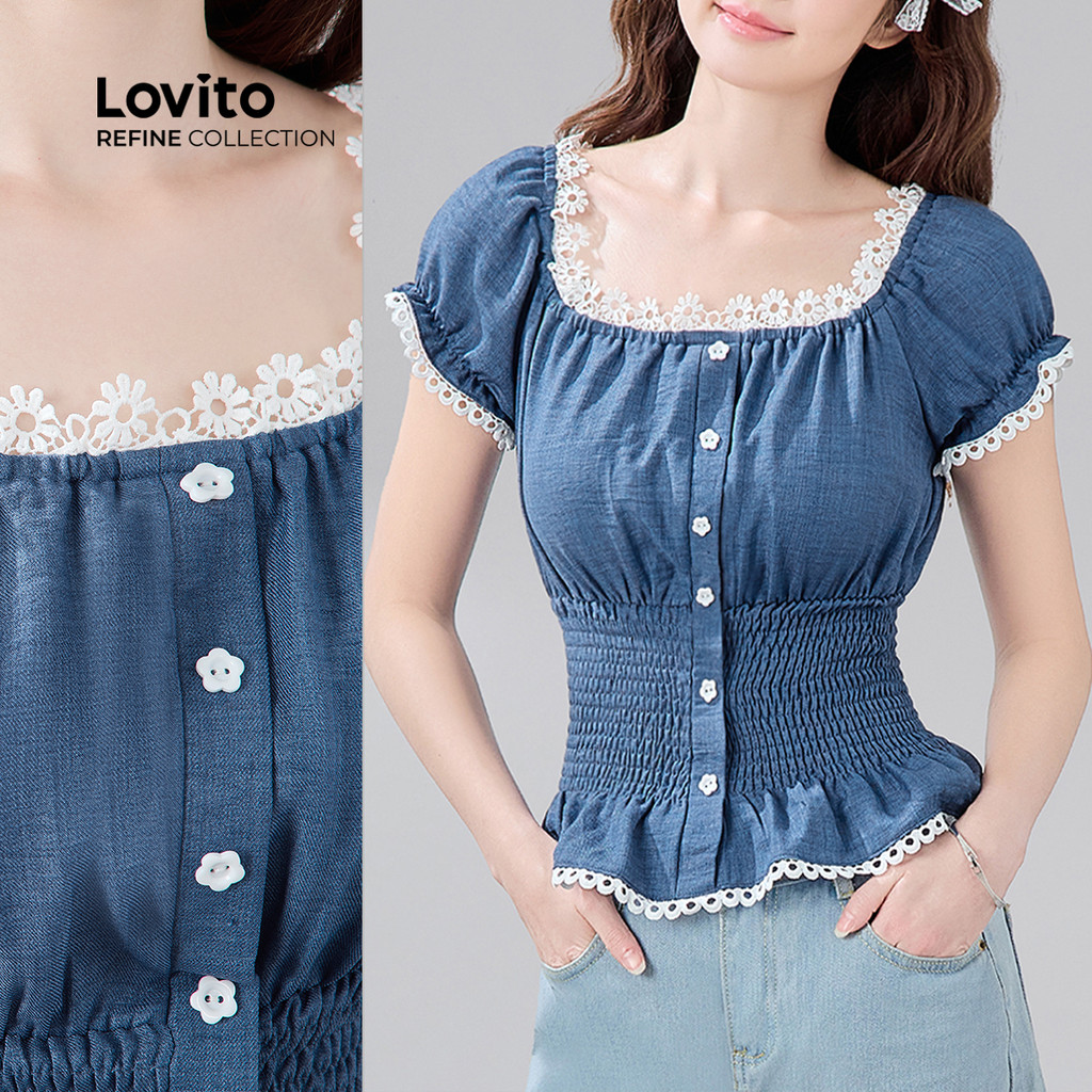 (Lovito Refine) Blusa Fofa com Botões com Franzido Primavera/verão Blusa Azul para mulheres LR23A585 em Oferta na Shopee