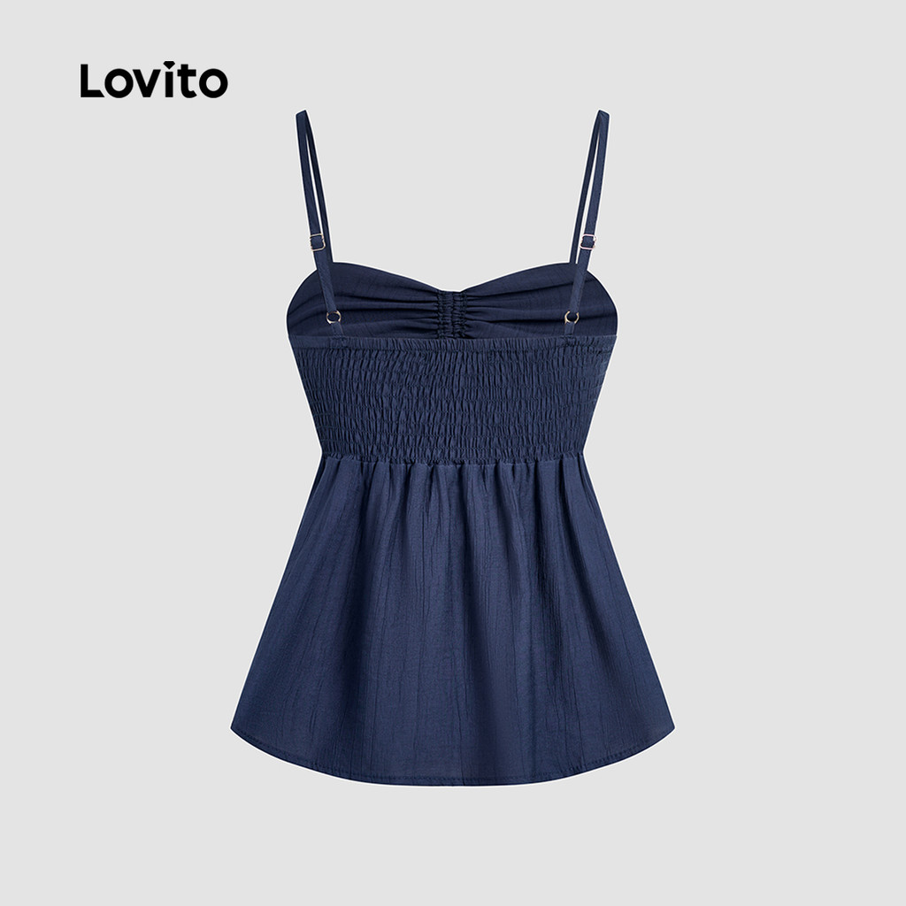 Detalhes do Lovito Top Casual de Peplum com Laços para Primavera/verão Cor Azul-marinho para Mulheres L157ED011