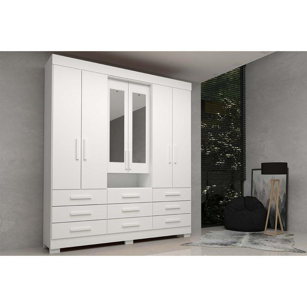 Guarda Roupa Casal 6 Portas e 9 Gavetas c/ Espelho Débora Branco - ACP em Oferta na Shopee