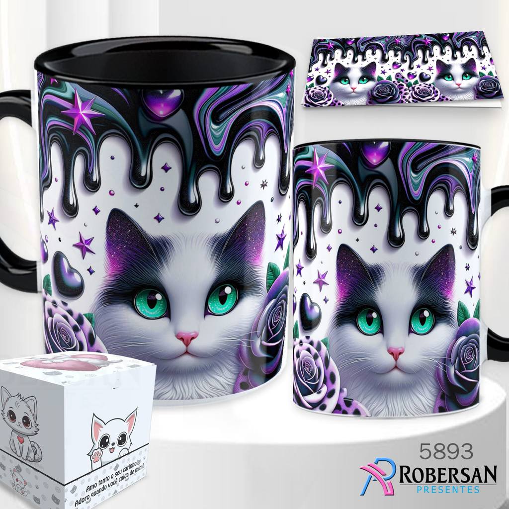 Caneca Gatinho 3D Gato Porcelana Pet Xícara Fofo Personalizada Gatos Gatinhos Ceramica Rosa Preto