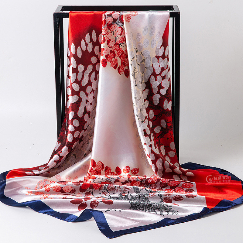 Lenço Estampado de Cetim Seda Moda Feminina Echarpe Faixa De Cabeça Bandana Lenço Top.90cm Vermelho e branco