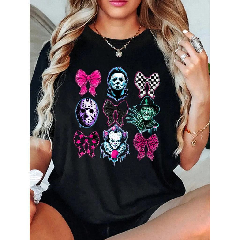 Camiseta Camisa Algodão Feminina Premium Halloween Neon Rosa, Estampa Laços Abóboras, Oversized 100%  Confecção Própria