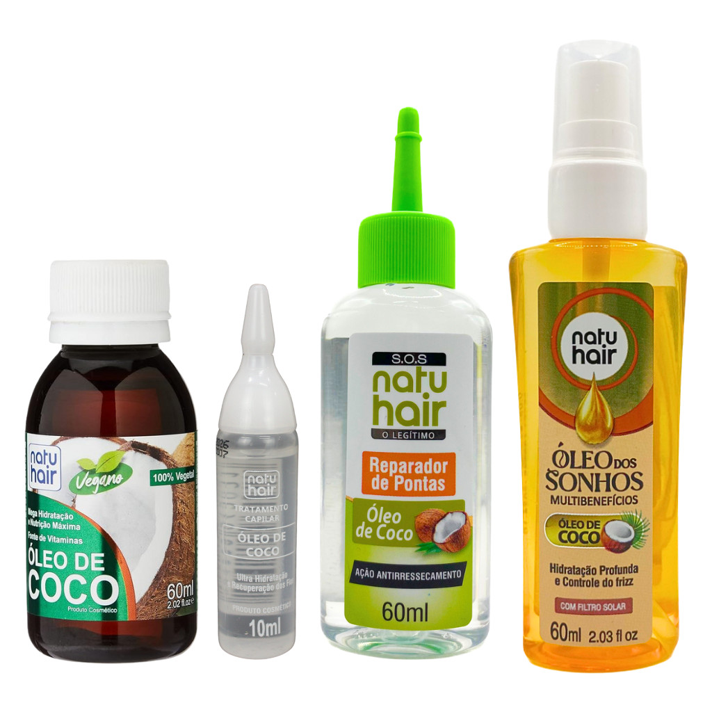 Kit Óleo de Coco - Óleo Vegetal + Óleo dos Sonhos + Reparador de pontas + Ampola de Tratamento