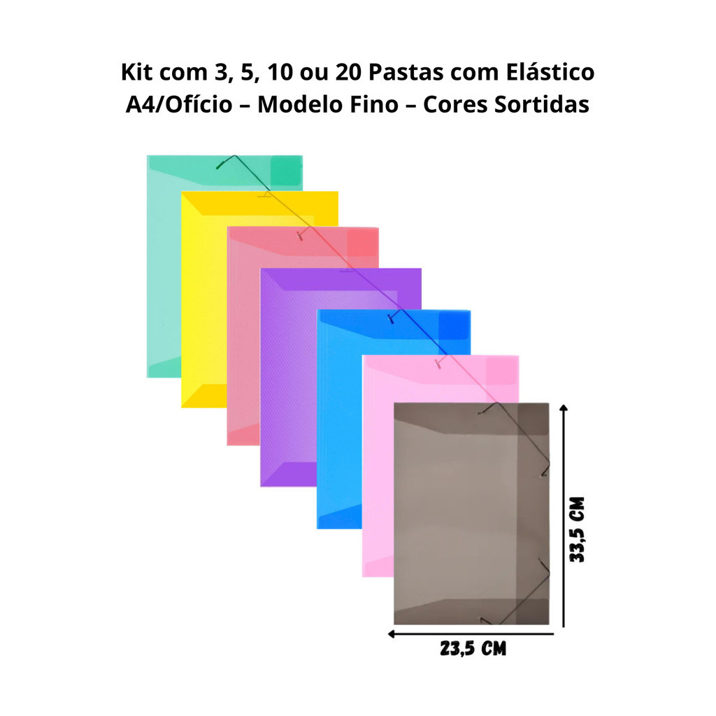 Kit  com 3, 5, 10 ou 20 Pastas com Elástico e aba A4/Ofício ACP – Modelo Fino – Cores Sortidas em Oferta na Shopee
