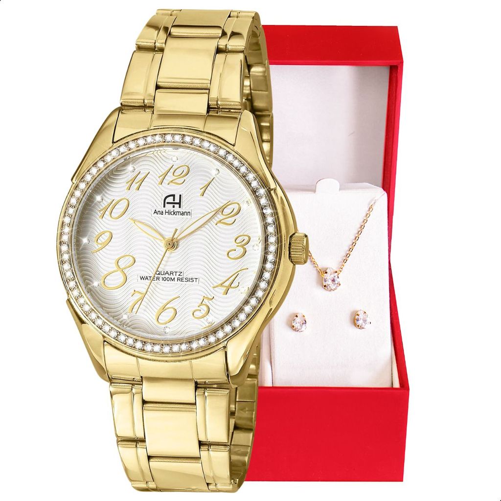 Kit Relógio Feminino Champion Ana Hickmann Analógico Dourado AH20015H Cristais
