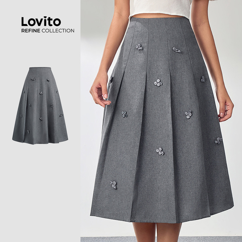 (Lovito Refine) Saias elegantes com apliques de botões plissados lisos para mulheres LR4LD028 em Oferta na Shopee