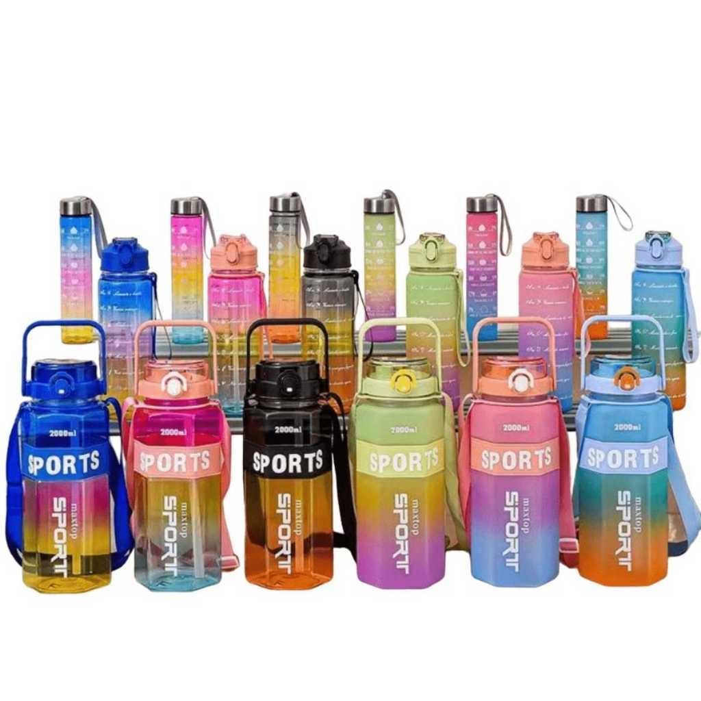 Kit 3 garrafas sports squeze treino academia com alça adesivos capacidades 2000ml 750ml 300ml