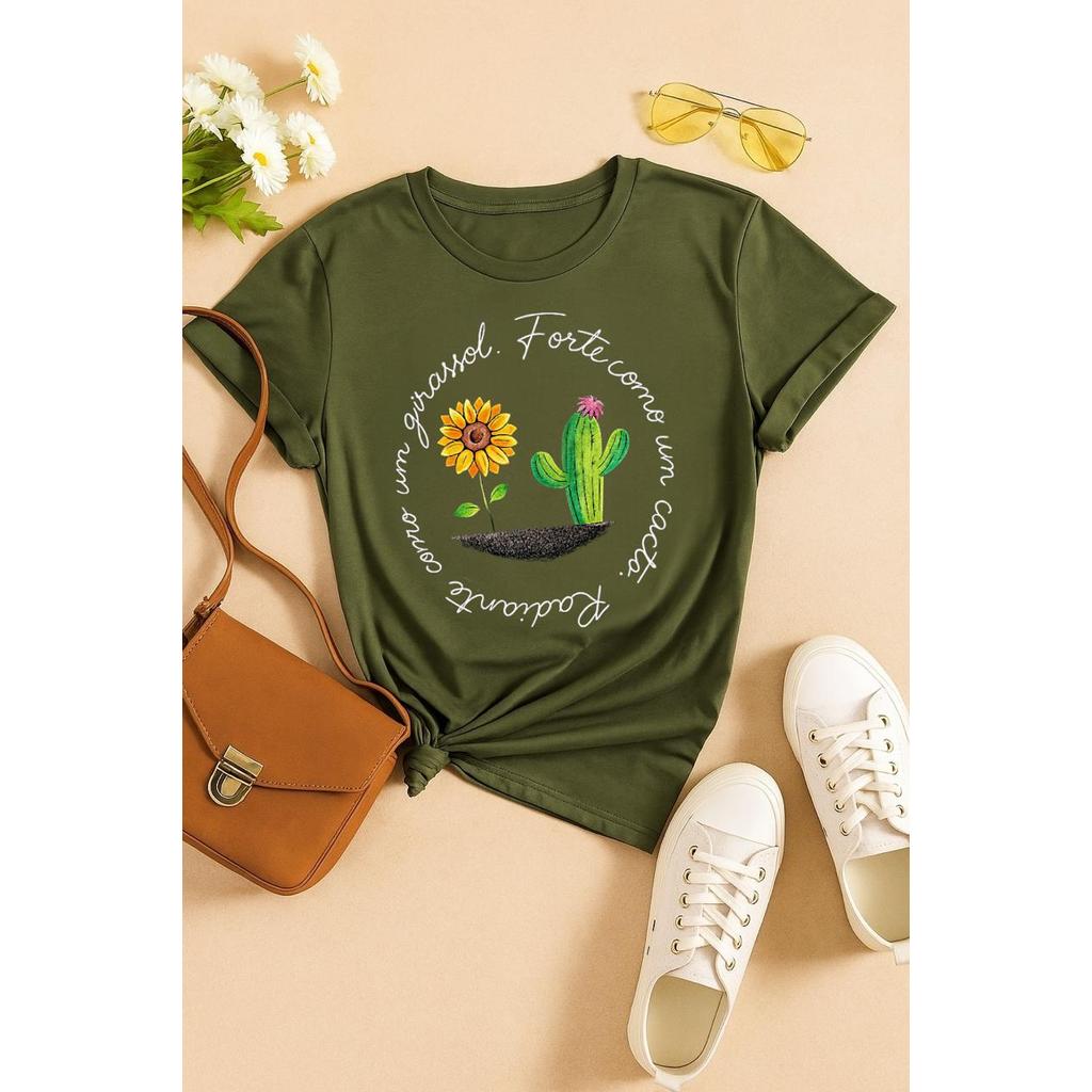 Blusa Feminina Algodão Estampa Girassol e Cacto | Frase Motivacional | Casual Confortável do P ao GG em Oferta na Shopee