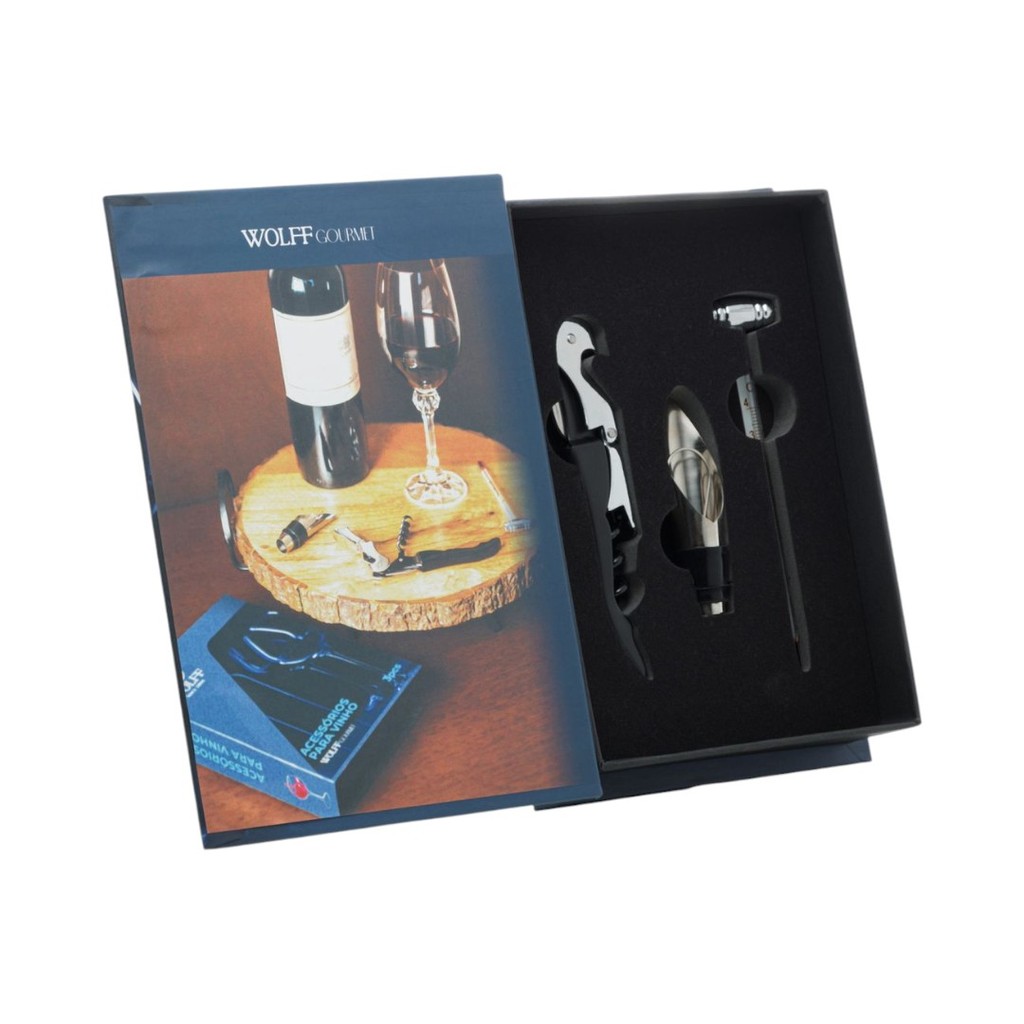 CONJUNTO 3 PEÇAS DE AÇO INOX PARA VINHO COM CAIXA WOLFF