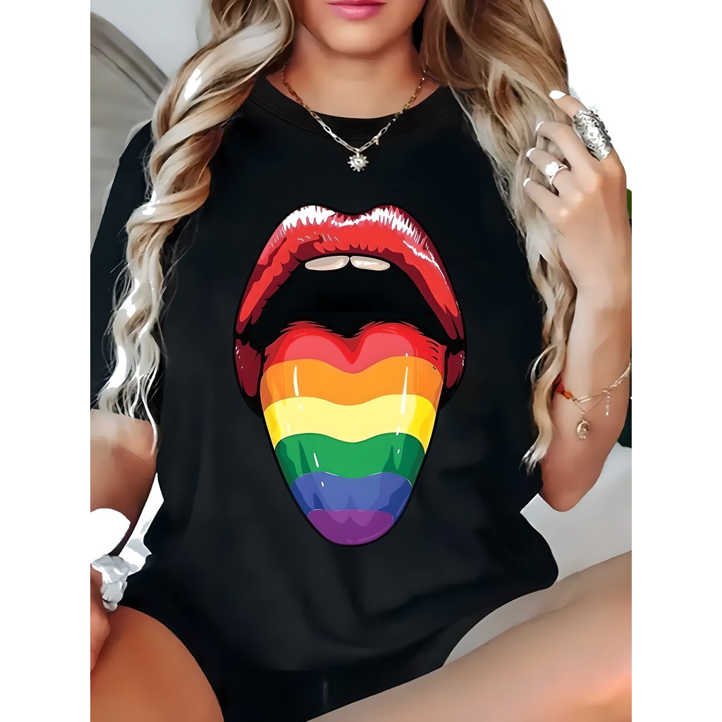 Camiseta Feminina Plus Size Rainbow Lips Tongue Arco Íris Orgulho Colorida Divertida Estilosa Verão em Oferta na Shopee