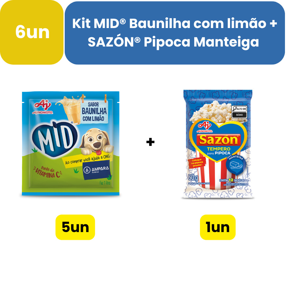 Kit MID® Baunilha com limão + SAZÓN® Pipoca Manteiga - 5 Refrescos 20g + 1 Tempero 60g