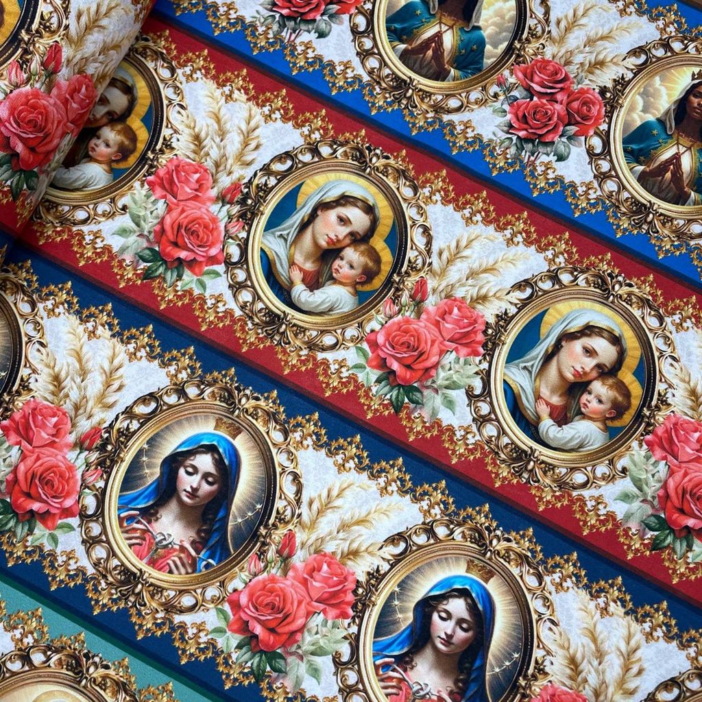 Tecido Tricoline Digital Nossa Senhora com Rosas 55cm x 1,50mt Religioso 10 Barrados 100% Algodão