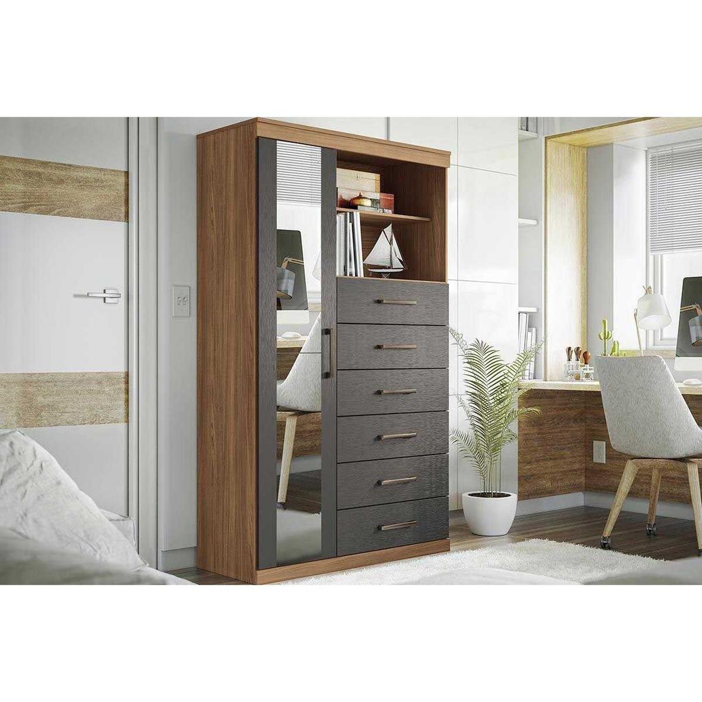 Cômoda de Quarto Marabá 1.6 c/ 1 Porta 2 Nichos e 6 Gavetas c/ Espelho Jatoba/Grafitte - Santos Andirá em Oferta na Shopee