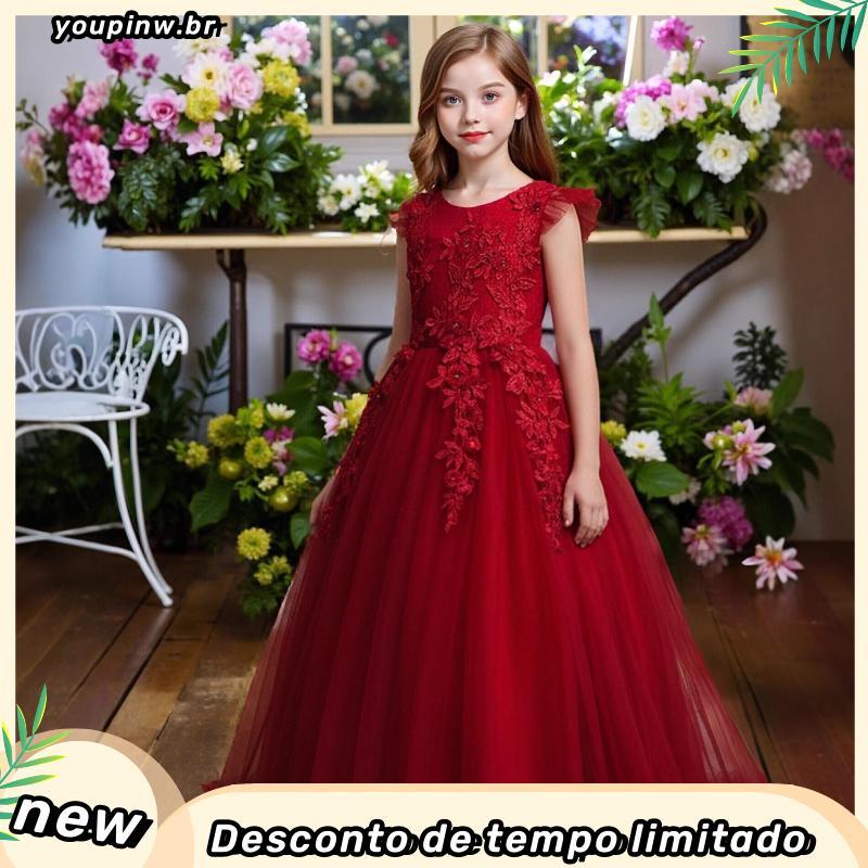 4-15 Anos Vestidos De Casamento Das Crianças Para Meninas Flores Tulle Lace Long Princess Elegante Evening Party Dress L