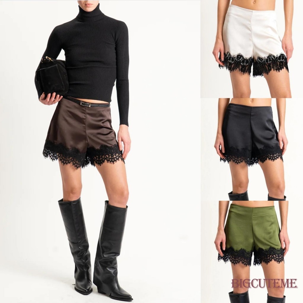 []-Shorts Femininos De Renda Patchwork Cetim Vintage Com Zíper Nas Costas Cintura Baixa Moda Feminina Pijama Macio E Sed