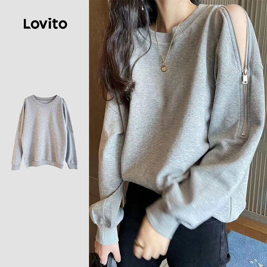 Lovito Casual Sweatshirt Zíper Lazer Outono/inverno Cinza Moletom para Mulheres LNA121031 em Oferta na Shopee