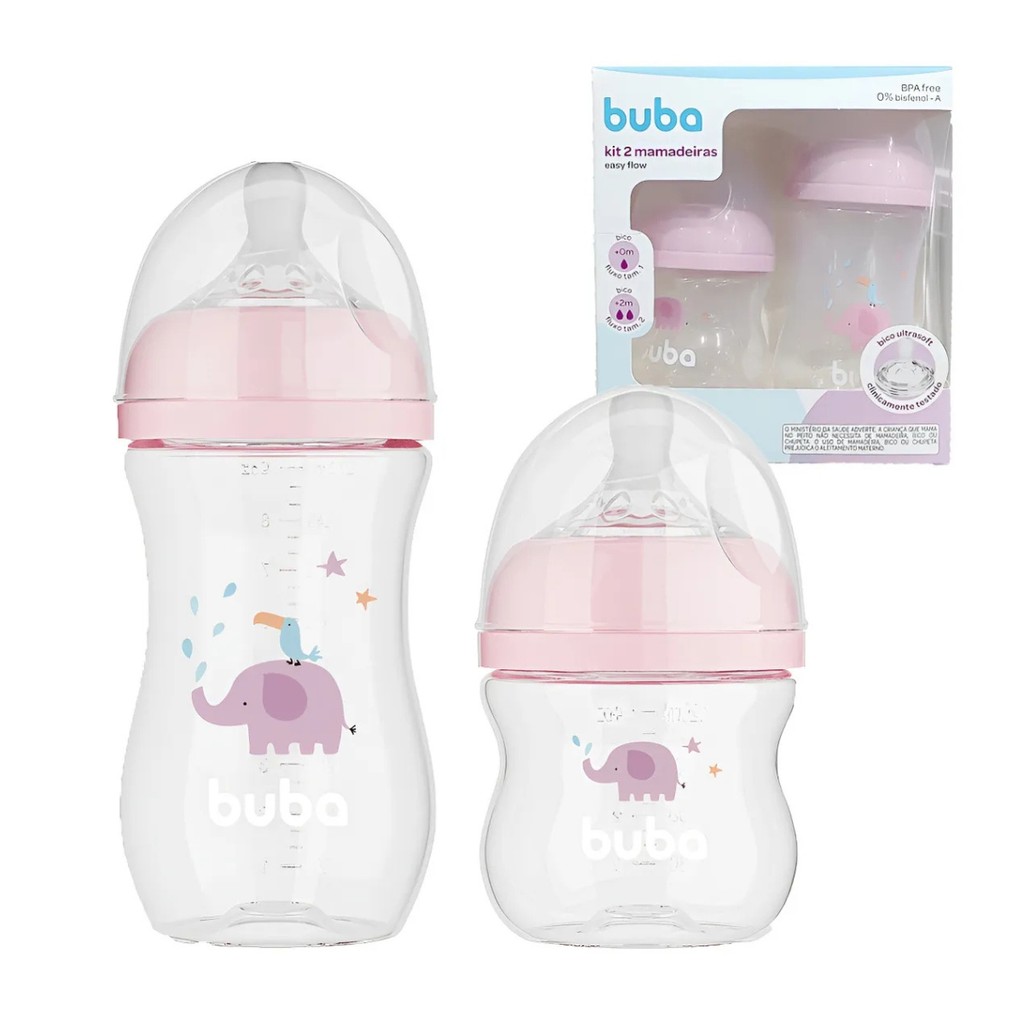 Kit 2 Infantil mamadeiras Easy Flow Elefante rosa-  Buba em Oferta na Shopee