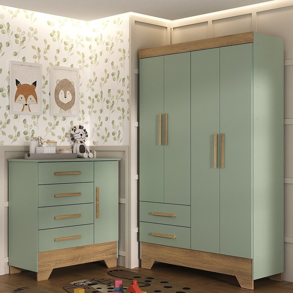 Quarto Infantil Completo Guarda Roupa 4 Portas 2 Gavetas com Cômoda Liz Verde Fosco/Nature em Oferta na Shopee