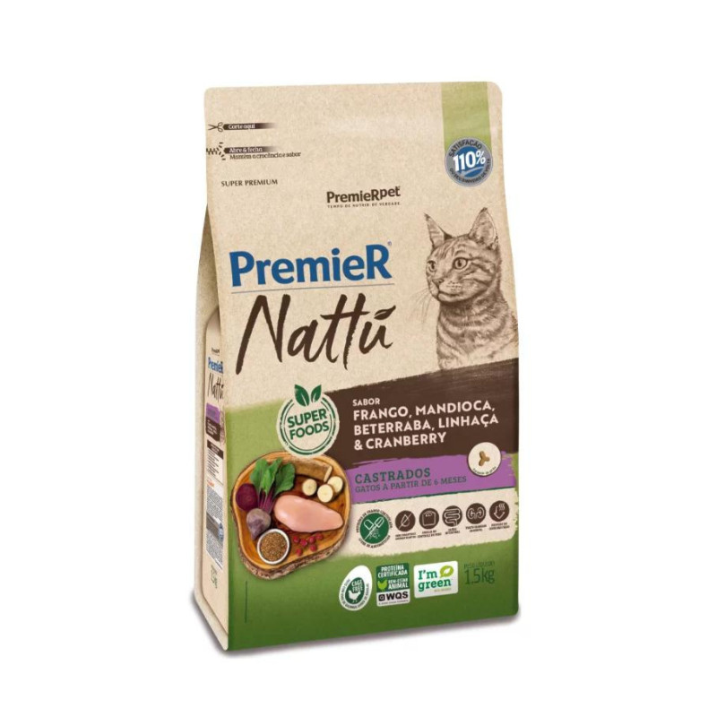 Ração PremieR Nattu Gatos Adultos Castrados Frango, Mandioca, Beterraba, Linhaça e Cranberry 1,5kg