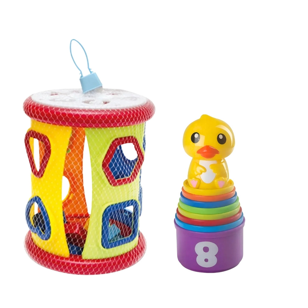 Kit Cilindro Mágico Didático De Encaixe Bloco E Empilha Patinho Brinquedo Educativo Infantil Para Coordenação Motora