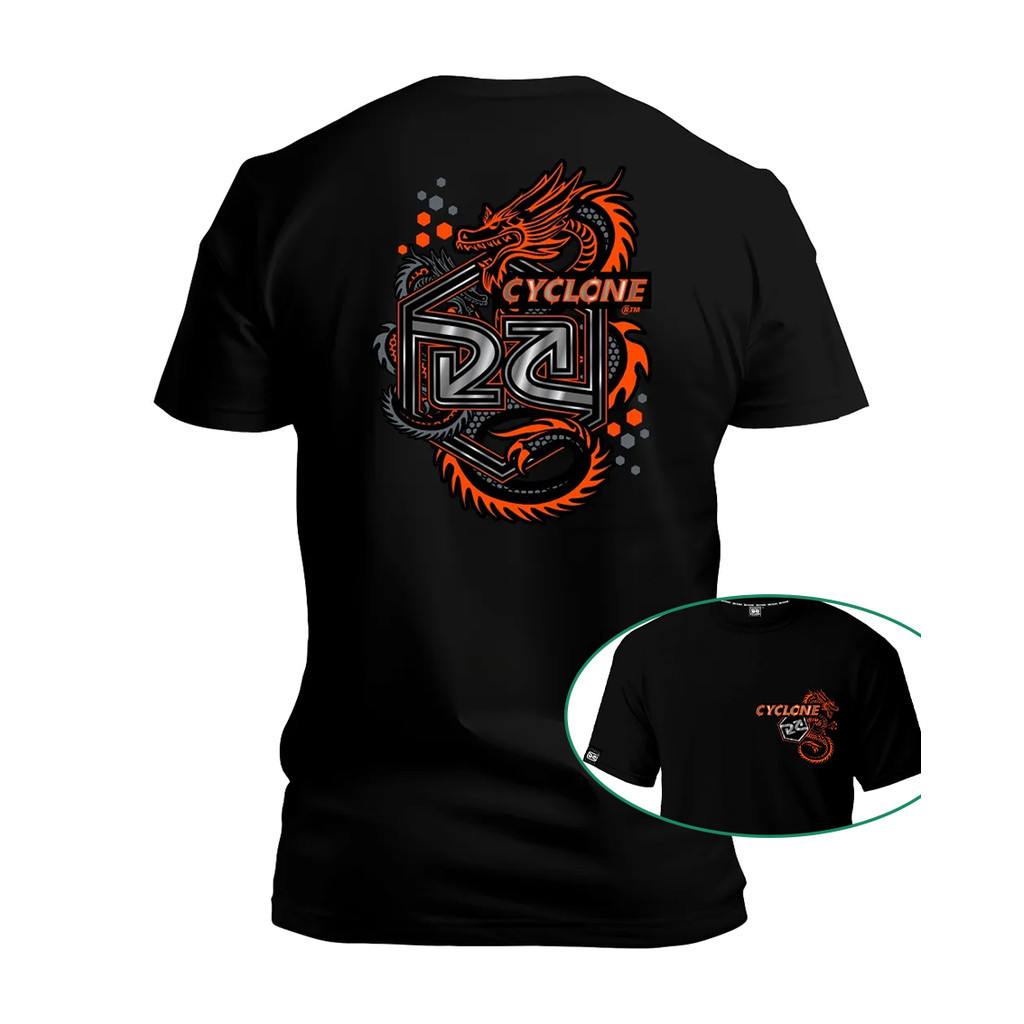 [Camiseta Premium em Algodão Puro]GXG Camiseta Preta Unissex com Estampa de Dragão e "Cyclone", Estilo Urbano