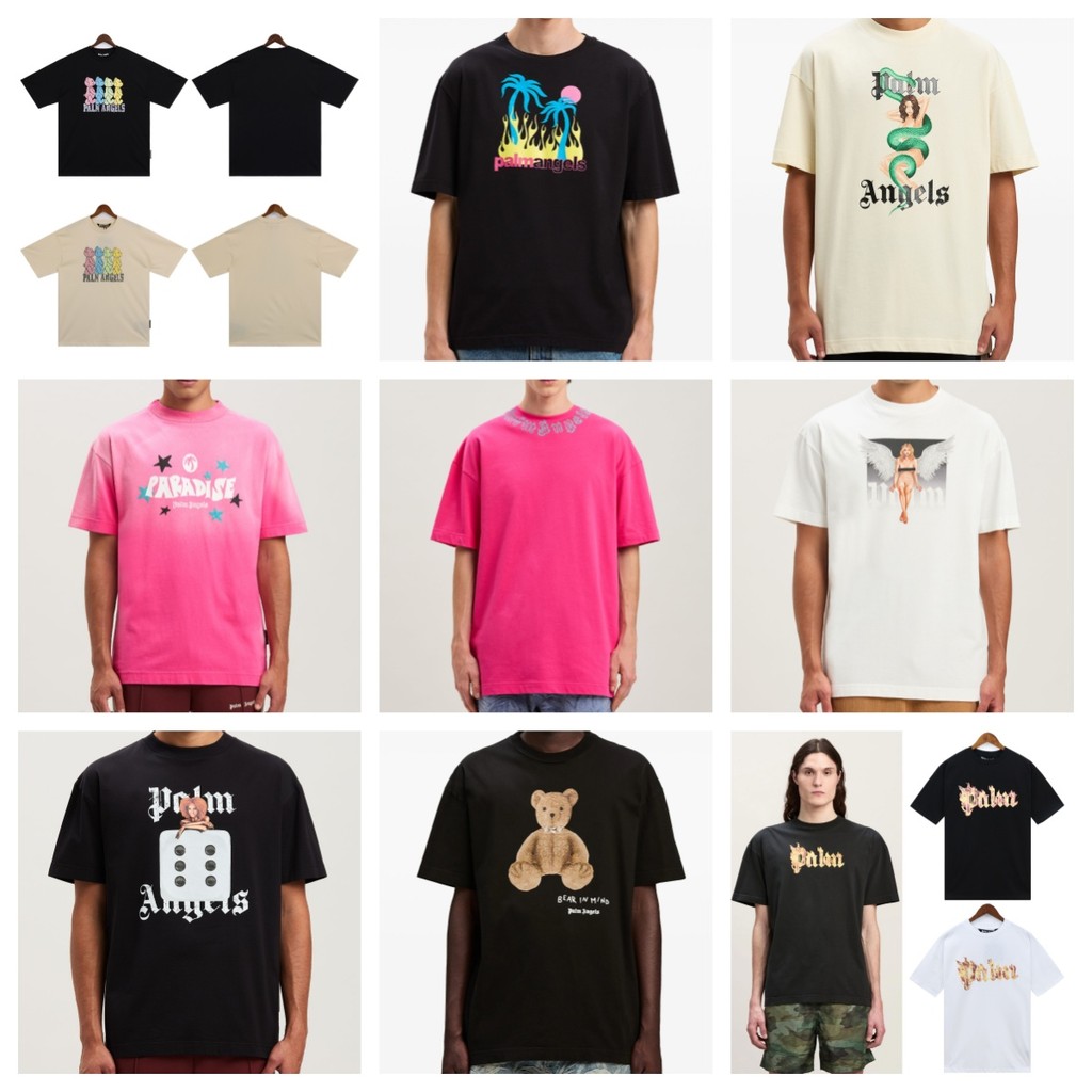 Palm Angels Teddy Bear Carta Impressão Manga Curta American Street Trendy Top Camiseta