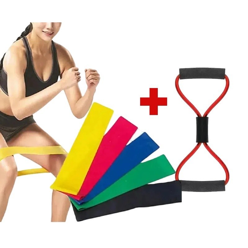 Kit Mini Band 5 Faixas Elásticas +Elastico 8 para Treino de Tensão Muscular JJ