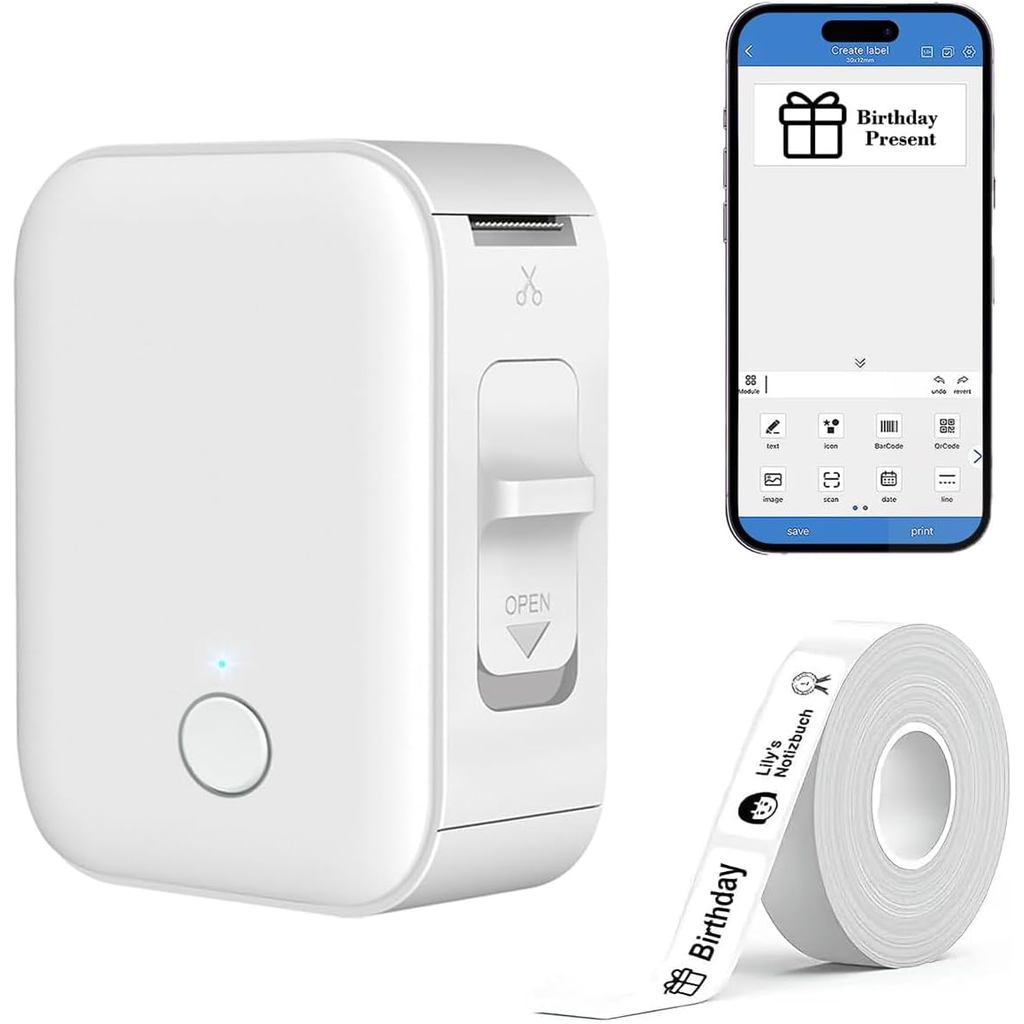 iLabel Impressora De Etiqueta Térmica Portátil Sem Fio Bluetooth + 1 Rolo Etiqueta