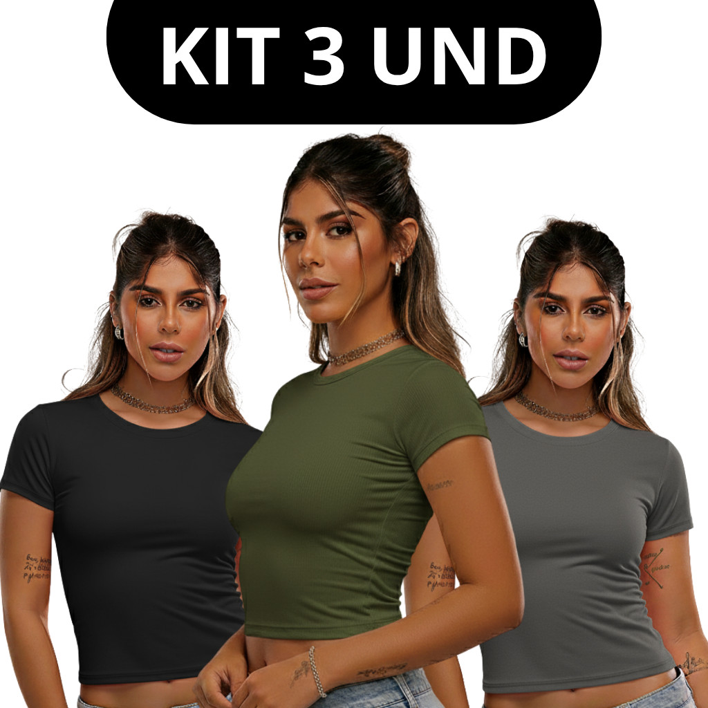 Kit 3 Baby Tee Feminina – Baby Look Slim Fit Manga Curta para Academia e Dia a Dia
