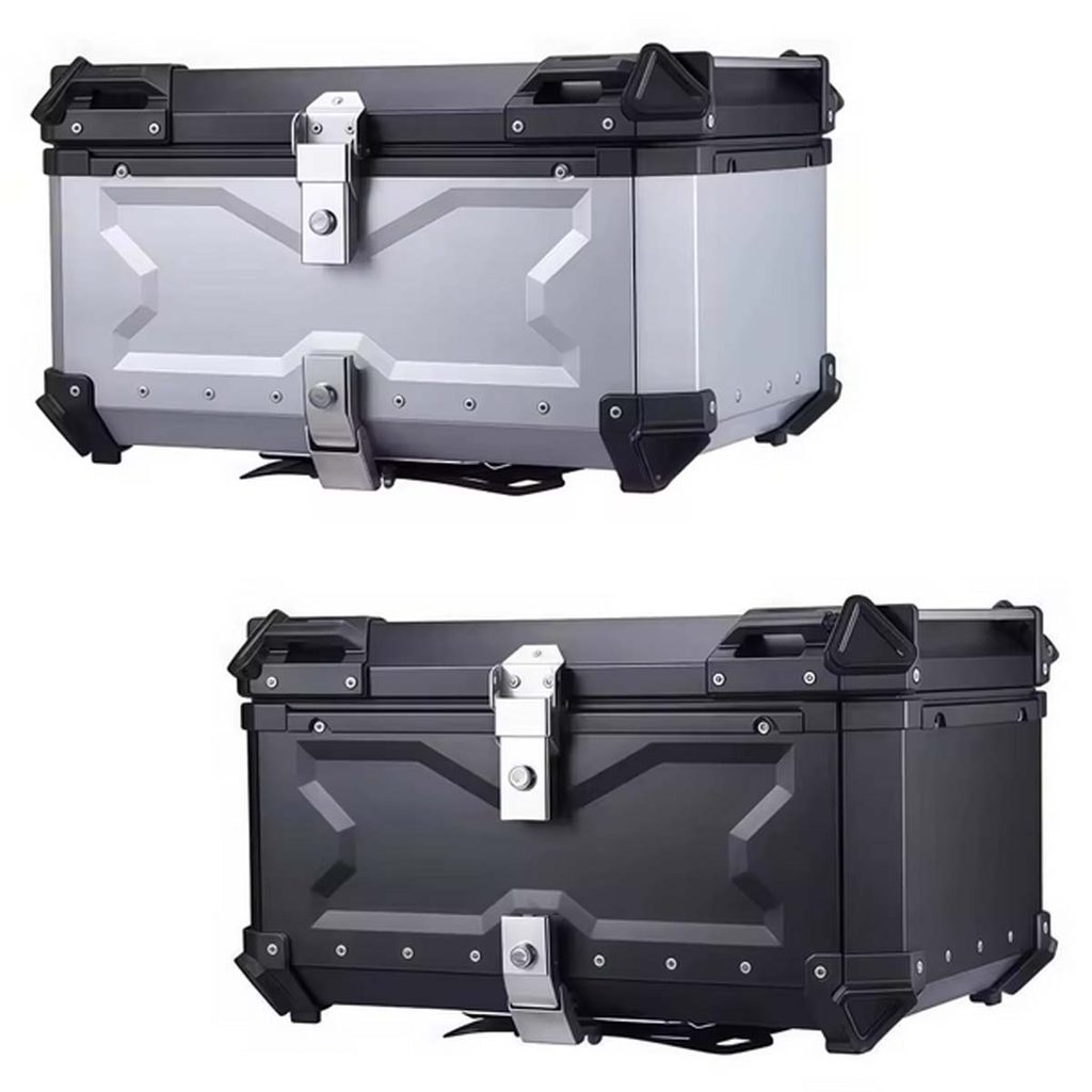 Bauleto Aluminio 65L Top Case Moto Universal Impermeavel Viagem Forro Trava Seguranca Base Engate Rapido Preto Prata Com