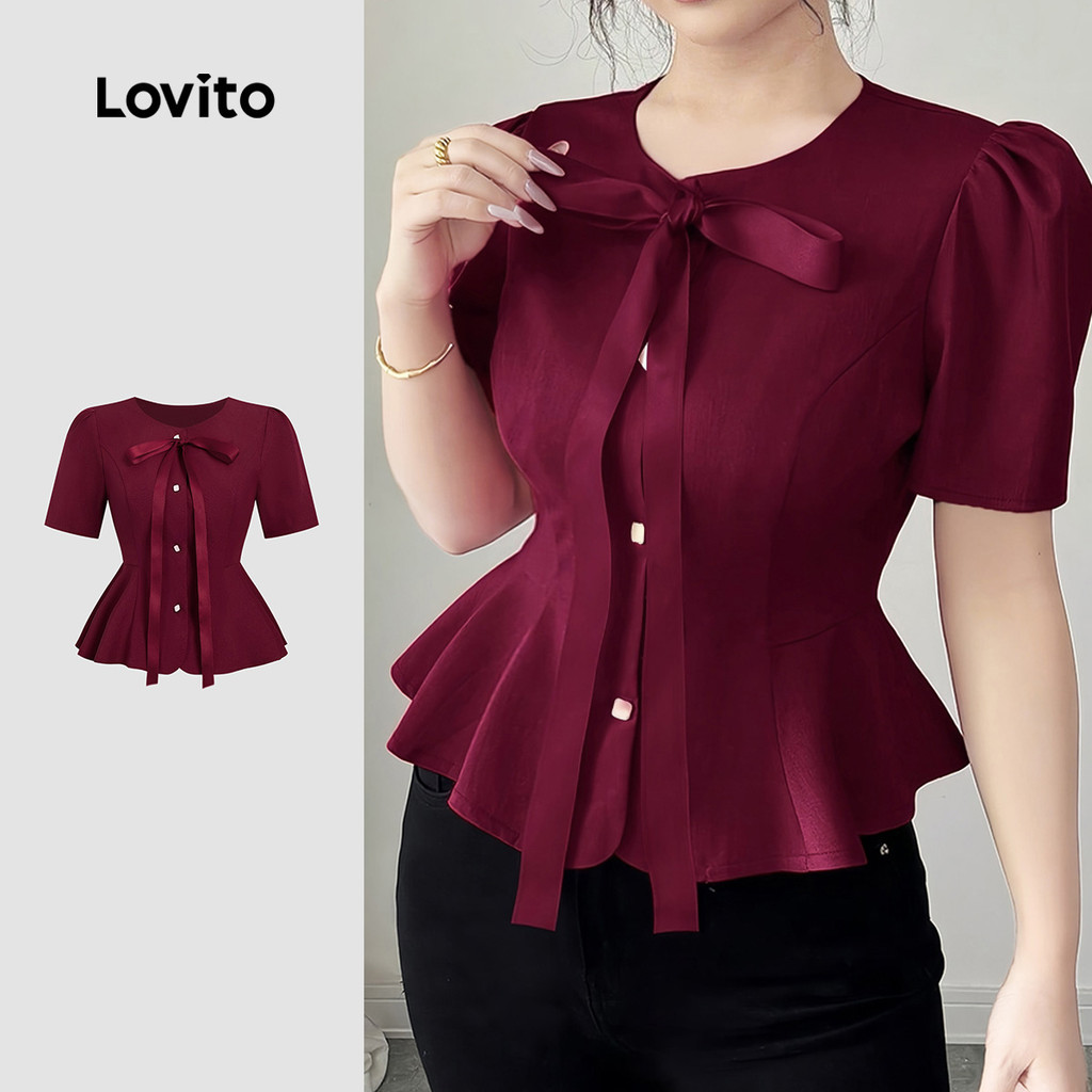 Lovito Blusa Elegante com Botões Babado Na Bainha Laço Frontal Primavera/verão Vermelho vinho L155ED856