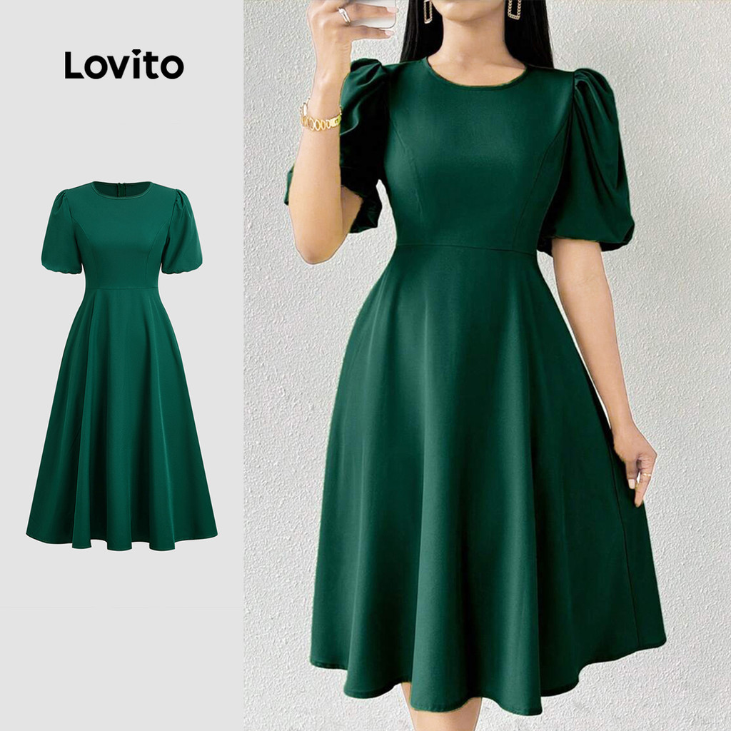 Lovito Estrutura de Vestido Elegante Linha de Vestido Primavera/verão Verde Escuro para mulheres L155AD1722 em Oferta na Shopee