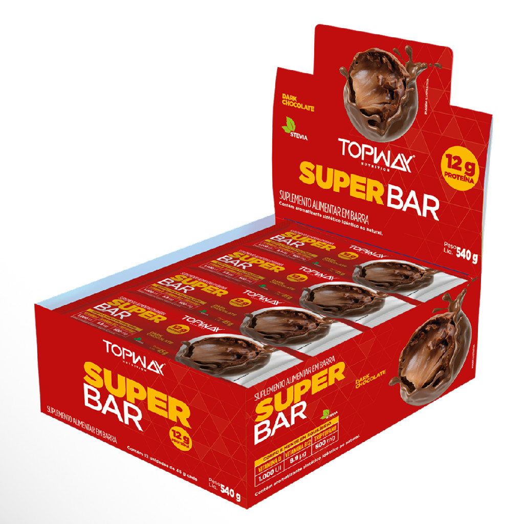 Barra de proteína super bar dark chocolate 12g de proteína topway display com 12 unidades de 45g em Oferta na Shopee